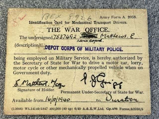 56) WW2 British Army Soldiers Service & Pay Book, Release Book & Paperwork Drivers ID Cards 7537492 Pte E.Matthews RAMC, CMP, RASC & RAPC — image 16