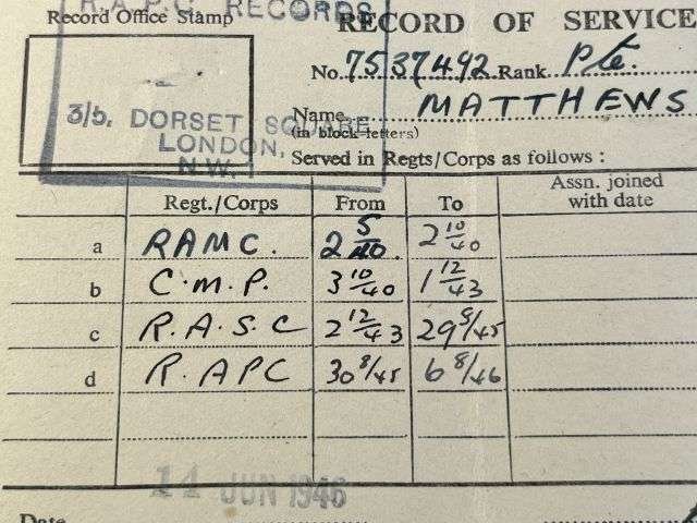 56) WW2 British Army Soldiers Service & Pay Book, Release Book & Paperwork Drivers ID Cards 7537492 Pte E.Matthews RAMC, CMP, RASC & RAPC — image 17