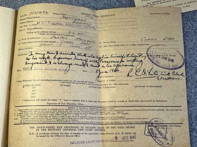 56) WW2 British Army Soldiers Service & Pay Book, Release Book & Paperwork Drivers ID Cards 7537492 Pte E.Matthews RAMC, CMP, RASC & RAPC — image 9