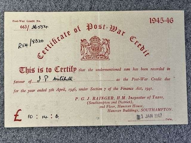 37) A Set of 4 X Original WW2 Certificate of Post War Credit 1941-46 Certificates to different people. — image 3