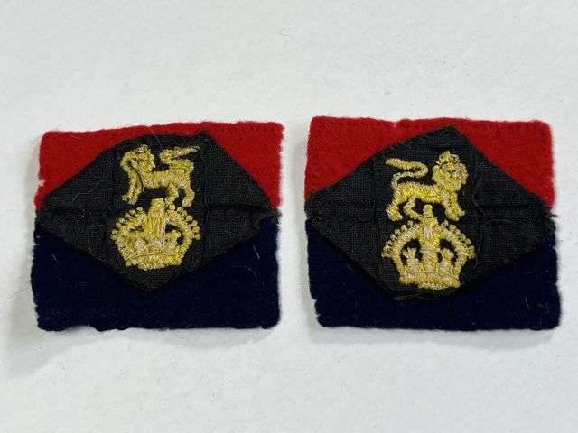 2) Good Original WW2 Kings Crown War Office Controlled Units Cloth Insignia Pair — image 2