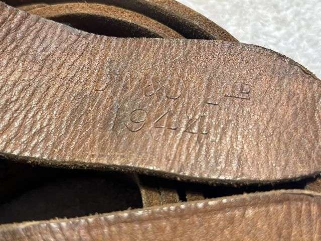 35) Excellent Original WW2 British Officers Leather Carry Straps For Bed Roll. All 3 Parts Matching Makers & 1944 — image 2