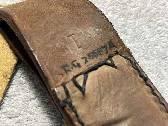 35) Excellent Original WW2 British Officers Leather Carry Straps For Bed Roll. All 3 Parts Matching Makers & 1944 — image 5