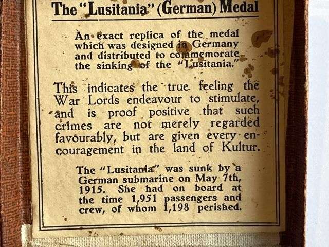 57) Excellent WW1 RMS Lusitania Propaganda Medal In Original Box with Original Certificate — image 10