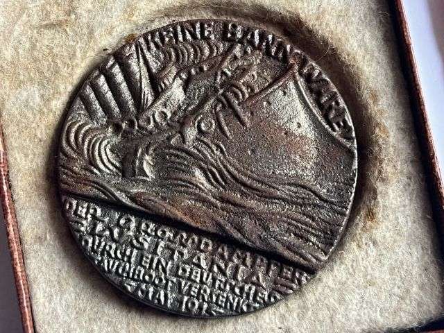 57) Excellent WW1 RMS Lusitania Propaganda Medal In Original Box with Original Certificate — image 12