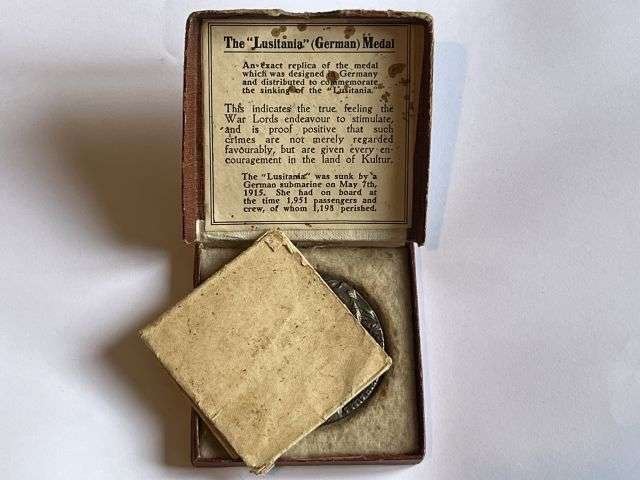57) Excellent WW1 RMS Lusitania Propaganda Medal In Original Box with Original Certificate — image 14