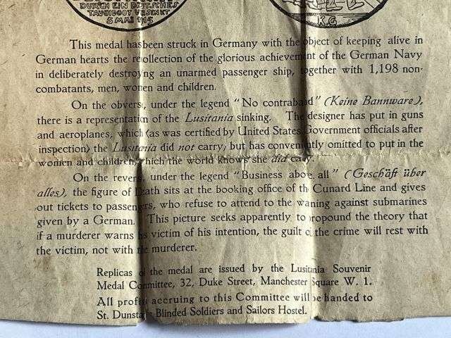 57) Excellent WW1 RMS Lusitania Propaganda Medal In Original Box with Original Certificate — image 3