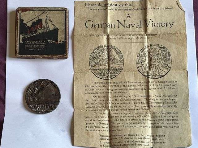 57) Excellent WW1 RMS Lusitania Propaganda Medal In Original Box with Original Certificate — image 5