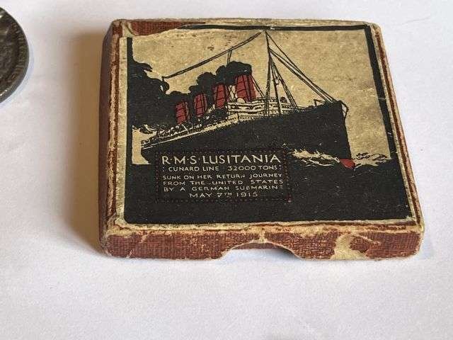 57) Excellent WW1 RMS Lusitania Propaganda Medal In Original Box with Original Certificate — image 8