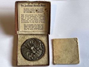 57) Excellent WW1 RMS Lusitania Propaganda Medal In Original Box …