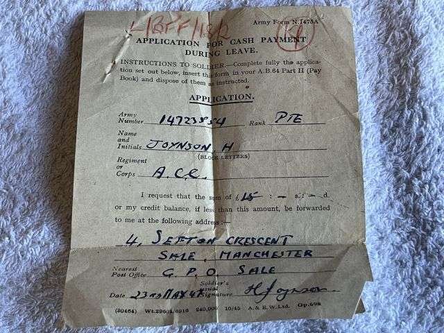 46) WW2 & Later British Army Dog Tags, Soldiers Service & Pay Book, Release Book & Paperwork 14723554 H.R.Joynson ACC — image 17