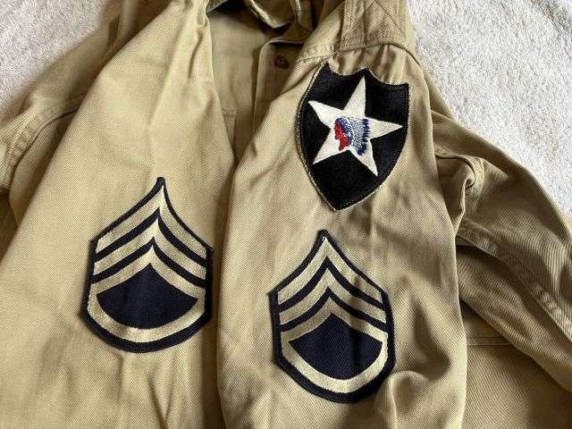 75) Original WW2 US Army Officers Khaki Tropical Shirt With Original Insignia — image 6