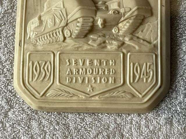 31) Nice Original WW2 British Liberation Army 7th Armoured Div Commemorative Plaque In Heavy Ivorine — image 4