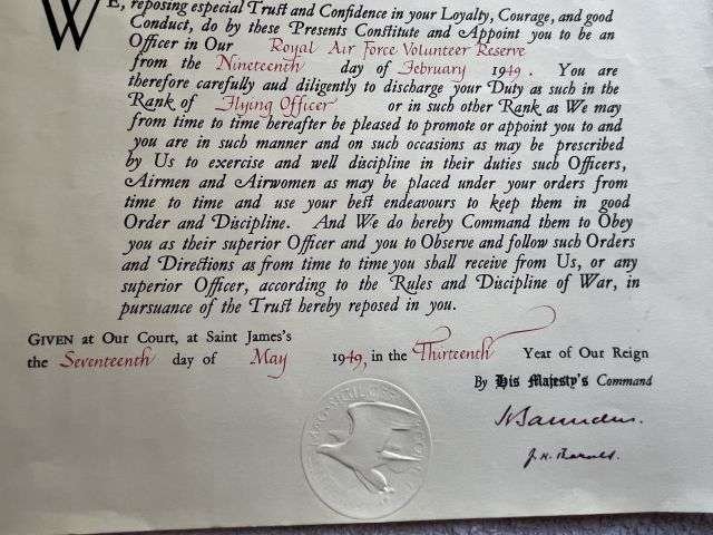 141) Original 1949 Dated RAF Voluntary Reserve Commission to F/O Ronald Berwick Hewitt — image 3