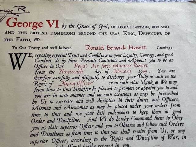 141) Original 1949 Dated RAF Voluntary Reserve Commission to F/O Ronald Berwick Hewitt — image 4