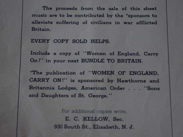 66) Original WW2 Patriotic Music Sheets A Tribute From The USA, Women of England Carry On! — image 2