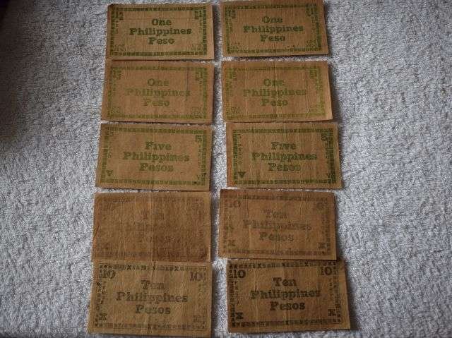 63) Set of 10 Interesting Original Philippines Peso Emergency Bank Notes All Dated 1944.