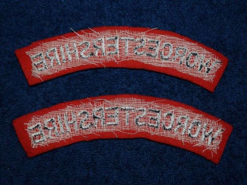 65) Original Unissued WW2 British Army Worcestershire Regiment Cloth Shoulder Title Pair — image 2