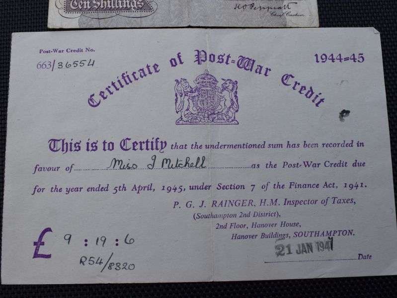 123) 2 Original WW2 Certificate of Post War Credit 1942-45 & Original Wartime 10 Shillings Bank Note — image 5