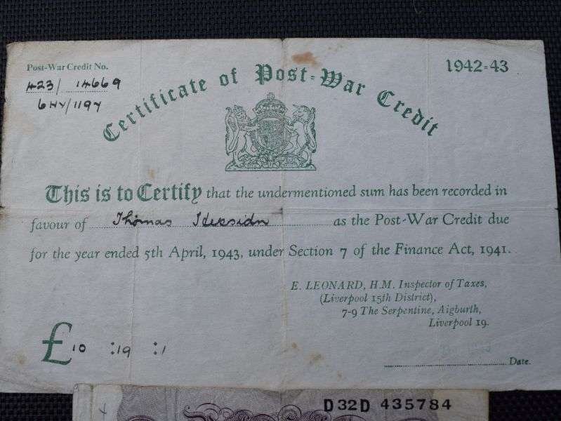 123) 2 Original WW2 Certificate of Post War Credit 1942-45 & Original Wartime 10 Shillings Bank Note — image 6