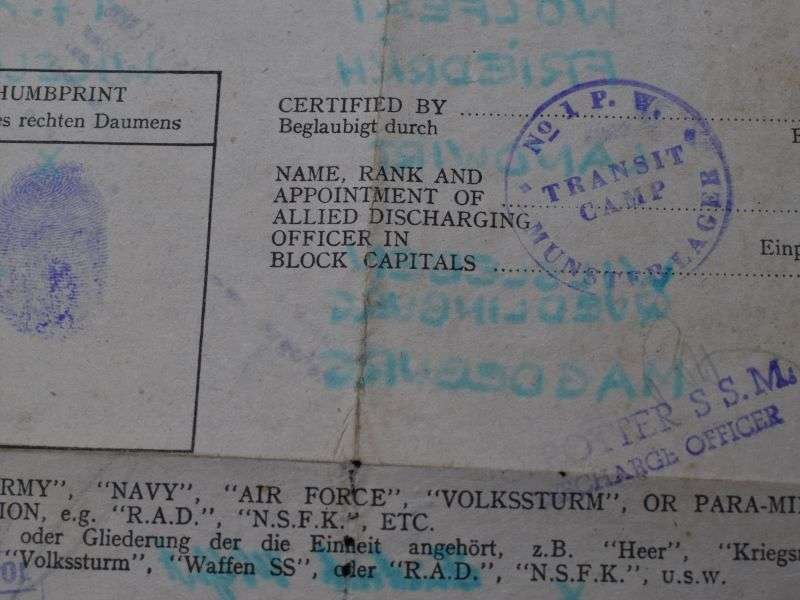 123) Interesting Original WW2 Certificate of Discharge to A German Soldier In POW Transit Camp 1948 — image 2