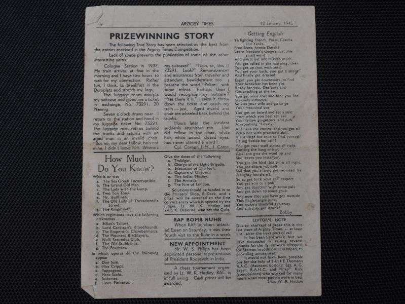 106) Good Original WW2 Royal Navy Small Newspaper Argosy Times Jan 12th 1943 — image 2
