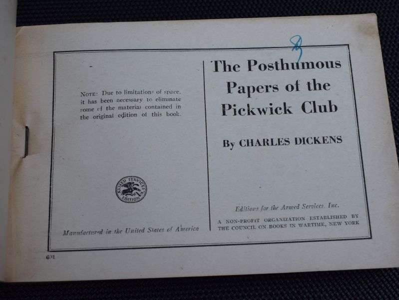 73) Original WW2 US Military Forces Novel The Pickwick Papers by Charles Dickens — image 3