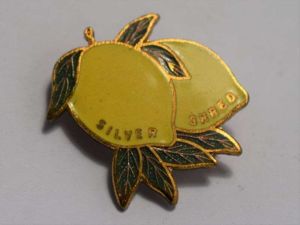 147) Vintage 1950s Robertsons Lemon Silver Shred Pin Badge