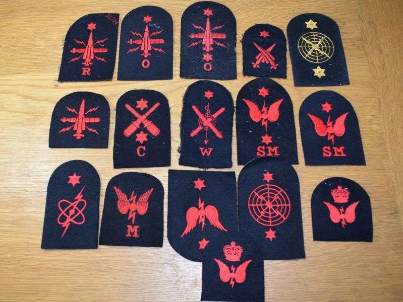 77) Group of 58 Vintage Royal Navy Red on Black Woven Trade Badges — image 5