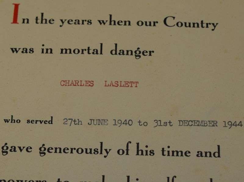 105) Original WW2 Home Guard Service Certificate to Charles Laslett — image 4