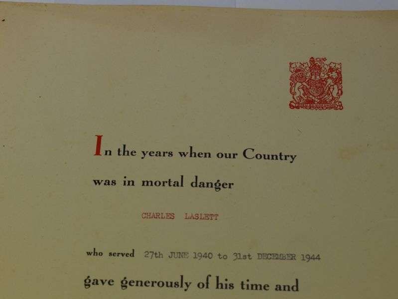105) Original WW2 Home Guard Service Certificate to Charles Laslett — image 5