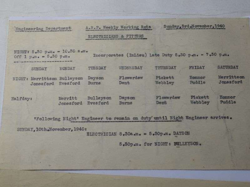 J) Set of 3 WW2 ARP Engeneering Papers, Working Rota etc 1940 — image 6